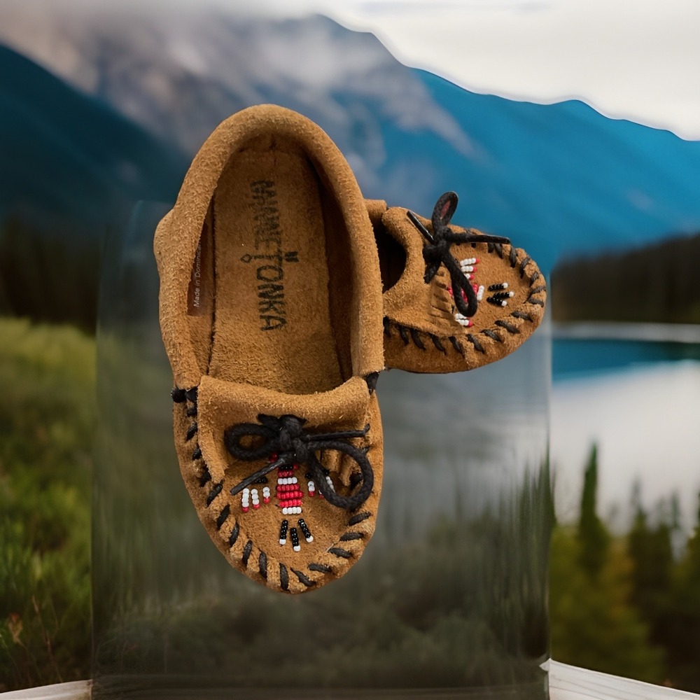 Minnetonka Thunderbird Moc Suede Moccasins Kids Sz 7 Beaded Brown Slip On Shoes‎